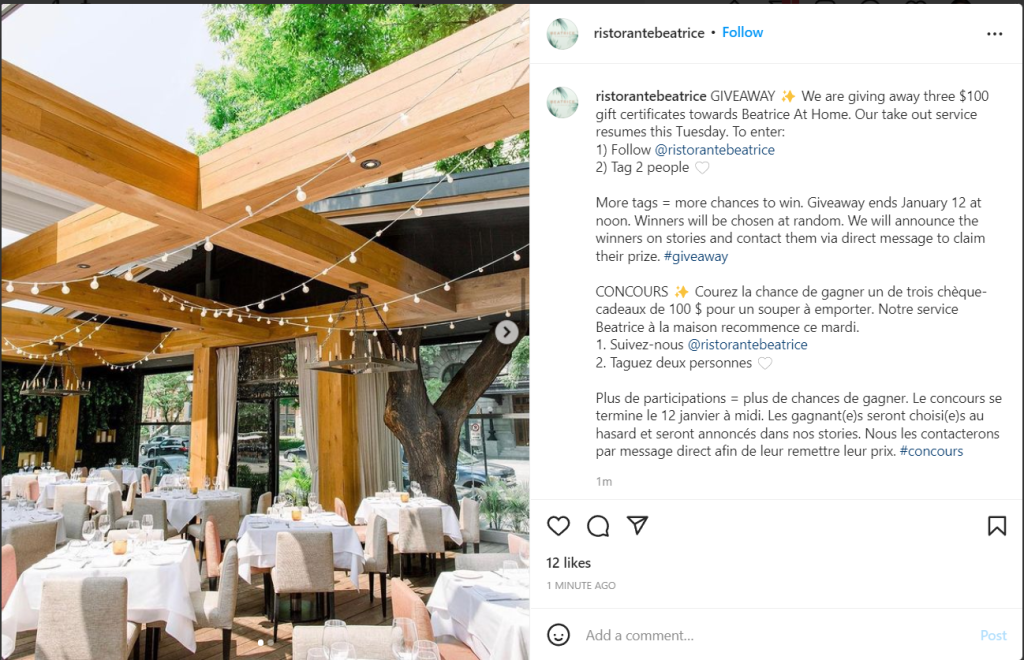 Example of a giveaway used as an instagram marketing tactic to get more customers for a restaurant in Montréal
