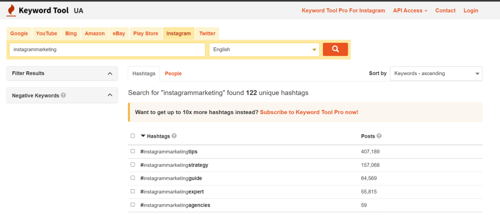 Keyword Tool search for Instagram hashtags