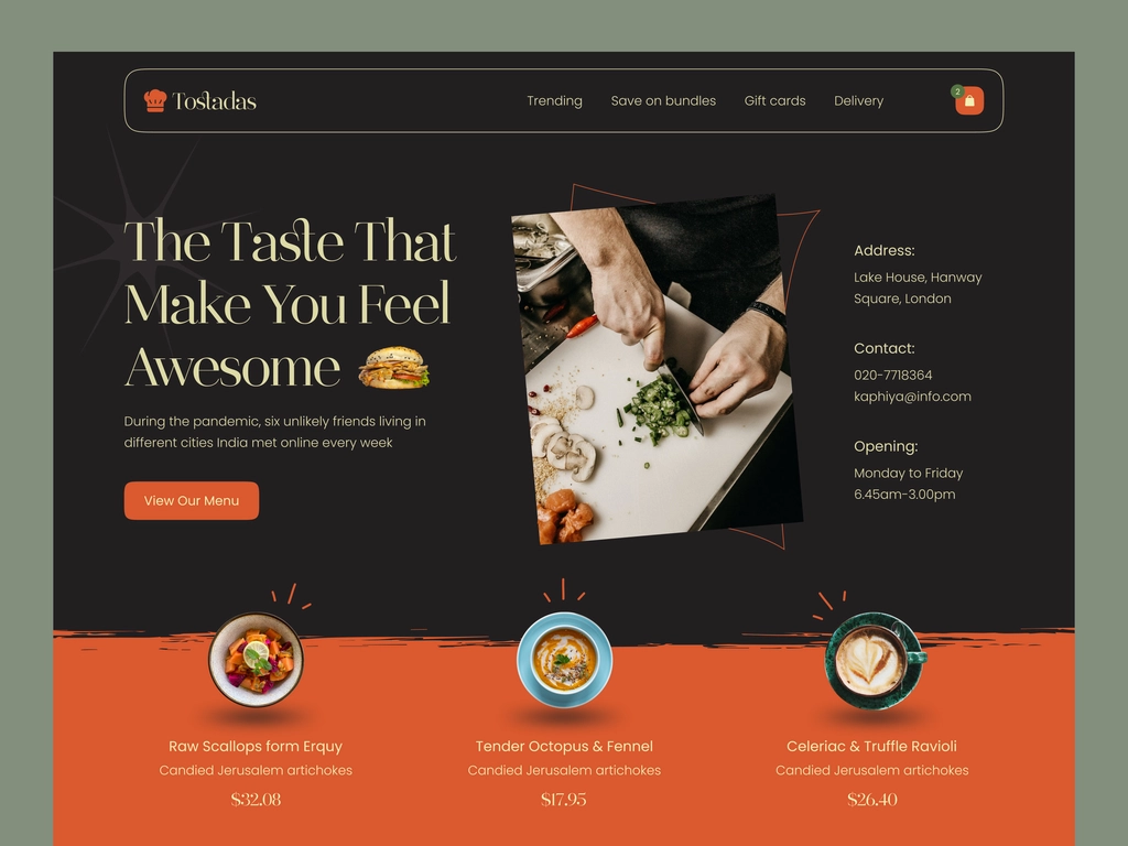 Example of a landing page for a restaurant